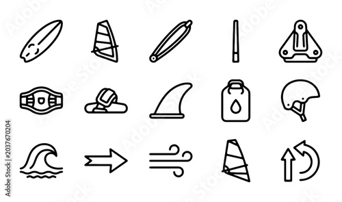Windsurfing and Surfing Gear Icons, Water Sports Equipment Vector Set, Ocean Wave and Wind Symbols