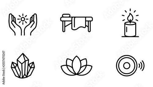 Wellness Icons Set, Spa Massage Therapy, Crystal Healing, Lotus Flower, Meditation, Yoga, Holistic Health