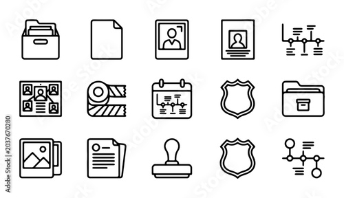 15 Business Icons: Document, Folder, Badge, Timeline, Photo, Stamp, Calendar, Film Clapper