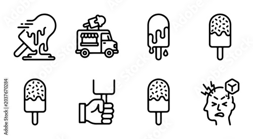 Melting Ice Cream Icons, Food Truck, Brain Freeze, Summer Treats Vector Set