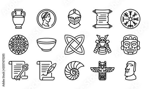 Tableau sur toile Ancient History Icons Set: Roman, Viking, Samurai, Aztec, Egyptian, Celtic Symbo