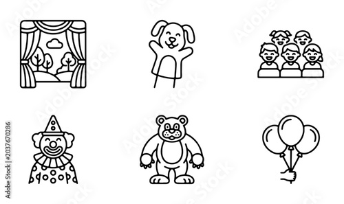 Children's Entertainment Icons: Puppet Show, Clown, Teddy Bear, Balloons, Audience, Stage