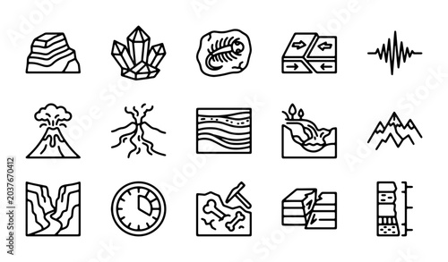 Foto Geology Icons Set: Earth Science, Fossils, Volcanoes, Crystals, Mountains, Layer