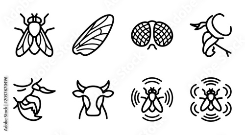 Schilderij op canvas Insect Icons Set: Fly, Wing, Compound Eye, Cow Head, Pest Control, Vector Graphi