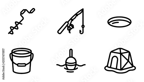 Fotografía Ice Fishing Icons Set: Auger, Rod, Bucket, Bobber, Tent, Hole, Winter Sport Gear