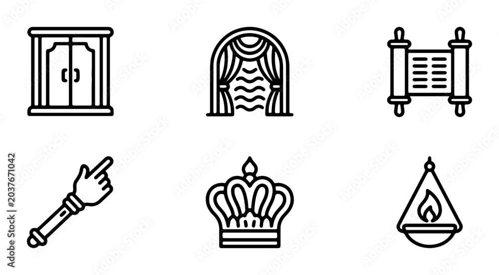 Fototapeta premium Royal Icons Set: Crown, Scepter, Scroll, Arch, Door, Lamp, Vector Graphics for Royalty and Ceremony