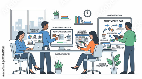 Illustration of a diverse team collaborating in a modern office with computers and office supplies on a white background.