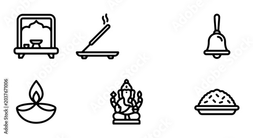 Tableau sur toile Hindu Puja Icons: Ganesha, Diya Lamp, Incense, Bell, Altar, Offering Set
