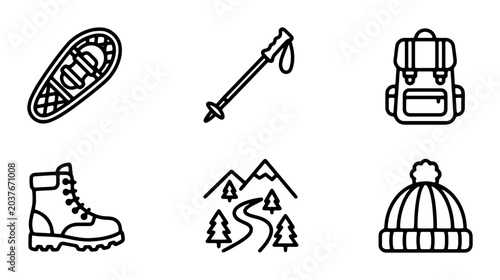 Winter Hiking Gear Icons: Snowshoe, Pole, Backpack, Boot, Mountain Scene, Beanie