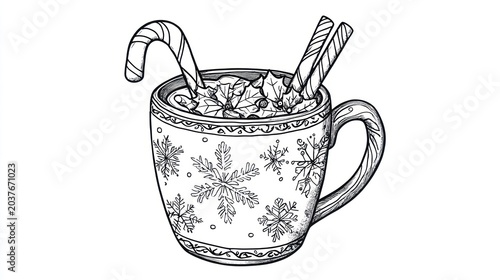 Holiday cocoa mug with candy cane and cinnamon sticks on white