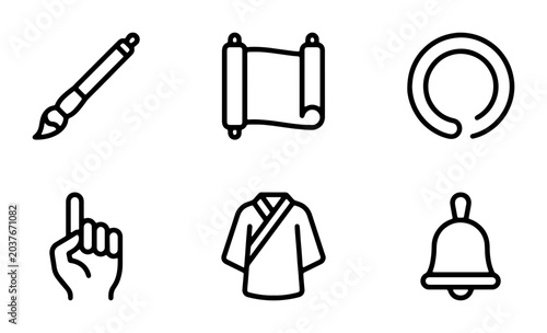 Asian Culture Icons: Brush, Scroll, Ring, Hand, Robe, Bell, Vector Set