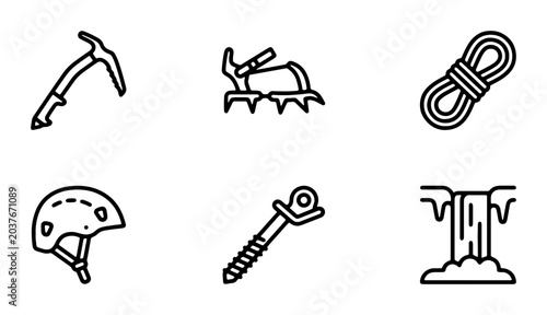 Schilderij op canvas Climbing Gear Icons: Ice Axe, Crampons, Rope, Helmet, Anchor, Waterfall Set