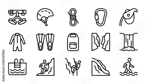 Outdoor Adventure Gear Icons, Extreme Sports Equipment Vector Set, Climbing, Water Sports, Hiking