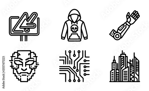 Cyberpunk Icons Set: Futuristic Technology, Cyborg Arm, Digital Face, Cityscape, Hoodie