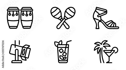 Latin Music Icons: Congas, Maracas, High Heel Shoe, Spotlight, Cocktail, Palm Tree