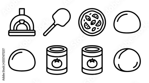 Pizza Making Icons: Oven, Peel, Toppings, Dough, Tomatoes, Culinary Elements
