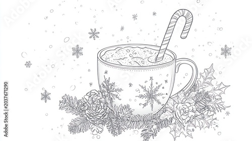 Mug of hot beverage with candy cane, snow, and holiday decorations