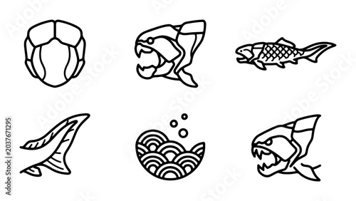 Tableau sur toile Ancient Fish Icons, Prehistoric Marine Life Vector Set, Fossil Sea Creatures Gra