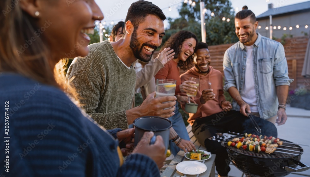 Obraz premium Joyful Friends Gathering for Barbecue Party in Backyard with Grilled Food and Laughter Under String Lights