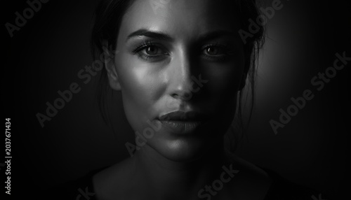 Intense Black and White Portrait of a Woman with Strong Features and Expressive Eyes Captured in Dim Lighting