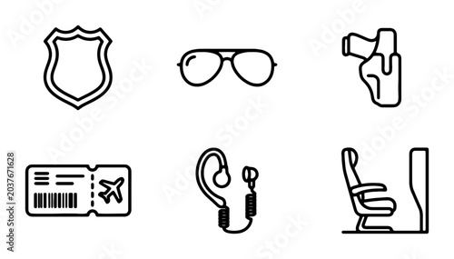 Bild auf Leinwand Security and Travel Icons: Badge, Aviators, Holster, Ticket, Earpiece, Seat
