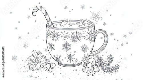 Festive mug of hot cocoa with candy cane, surrounded by snowflakes