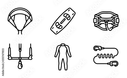Bild auf Leinwand Kitesurfing Gear Icons: Kite, Board, Harness, Bar, Wetsuit, Leash Set