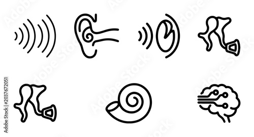 Fotografie Hearing Anatomy Icons, Ear Health Symbols, Auditory System Vector Graphics, Medi