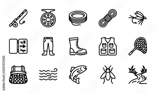 Quadro su tela Fly Fishing Gear Icons, Vector Set: Rod, Reel, Tackle Box, Vest, Net, Fish, Bugs