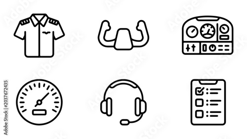 Obraz na płótnie Pilot Uniform, Yoke, Dashboard Icons: Aviation Set, Vector Graphics for Flight