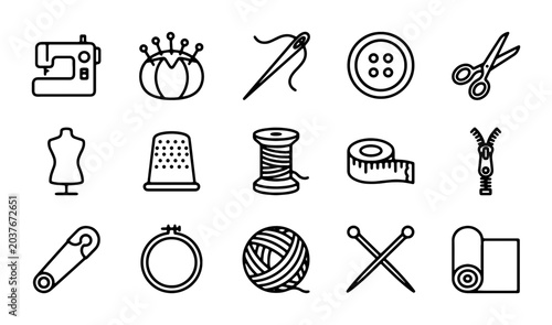 Foto Sewing Icons Set, Tailoring Tools Collection, Crafting Supplies Vector Graphics
