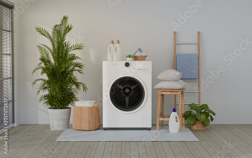 3D rendering of a bright, Laundry room interior with modern washing machine and basket
