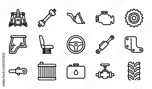 Schilderij op canvas Tractor Parts Icons, Agricultural Machinery Components, Vehicle Mechanics, Indus