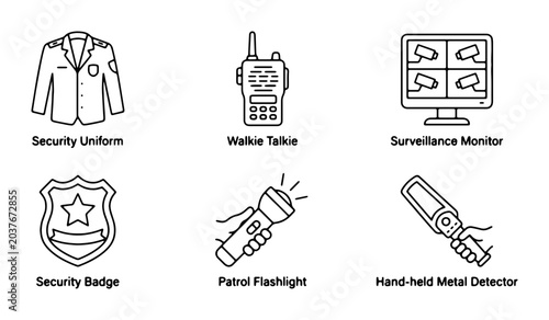Bild auf Leinwand Security Icons: Uniform, Badge, Walkie Talkie, Flashlight, Metal Detector, Monit