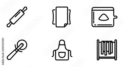 Kitchen Utensils Icons: Rolling Pin, Pasta Maker, Apron, Pizza Cutter, Toaster, Paper