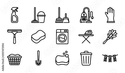 Canvas Print 15 Cleaning Icons Set, Household Chores Vector Graphics, Home Maintenance Symbol