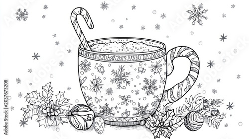 Hot Cocoa Cup with Candy Cane, Ornaments, and Snowflakes