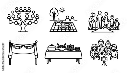 Photos Family Tree Icons, Picnic Scene, Group Portrait, Banner, Food Table, Selfie Vect