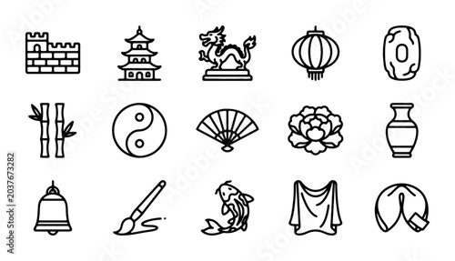 Chinese Culture Icons Set: Dragon, Pagoda, Great Wall, Fortune Cookie, Yin Yang, Fan