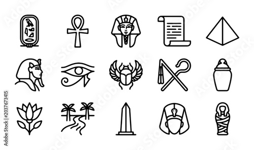 Cuadro en lienzo Ancient Egyptian Icons Set: Hieroglyphs, Pharaoh, Pyramids, Ankh, Scarab, Eye of
