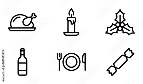 Cuadro en lienzo Christmas Dinner Icons Set, Festive Food and Celebration Vector Graphics