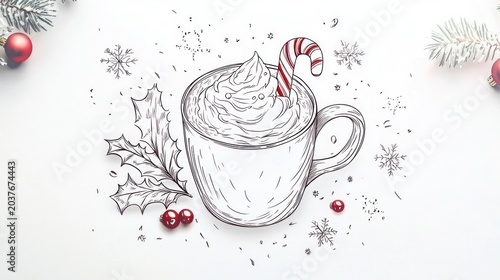 Cocoa and candy cane drawing on festive winter white background