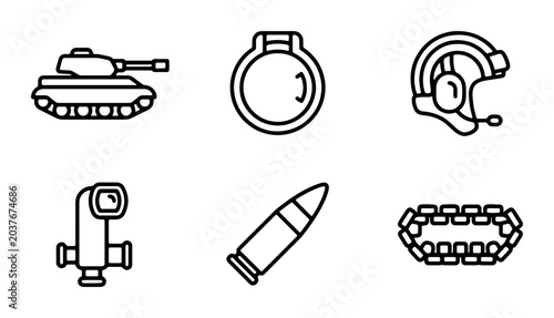 Tableau sur toile Military Icons Set: Tank, Bullet, Helmet, Periscope, Track Links, Hatch - Vector