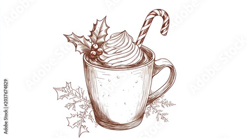 Festive cocoa mug with whipped cream, candy cane, and holly on white backdrop