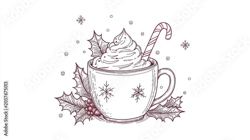Festive hot chocolate with whipped cream and candy cane, white background