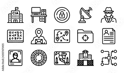 Schilderij op canvas Spy and Surveillance Icons: Secret Agent, Data Security, Investigation, Intellig