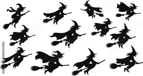 Tableau sur toile Halloween witch silhouettes flying on broomsticks