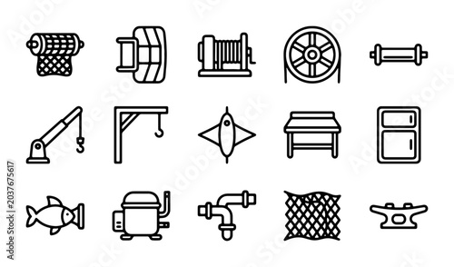 Foto Marine Equipment Icons: Fishing Gear, Winches, Cranes, Anchors, and More