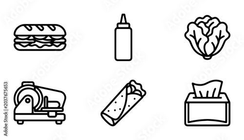 Tableau sur toile Food Icons: Sandwich, Wrap, Lettuce, Slicer, Condiment Bottle, Tissues, Vector S
