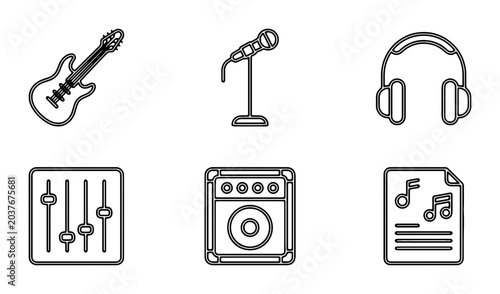 Tableau sur toile Music Icons Set: Electric Guitar, Microphone, Headphones, Mixer, Amp, Sheet Musi